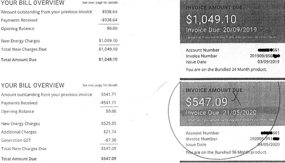 bills before solar dated 03/09/2019, and after solar dated 14/05/2020, showing a reduction of of $502 dollars